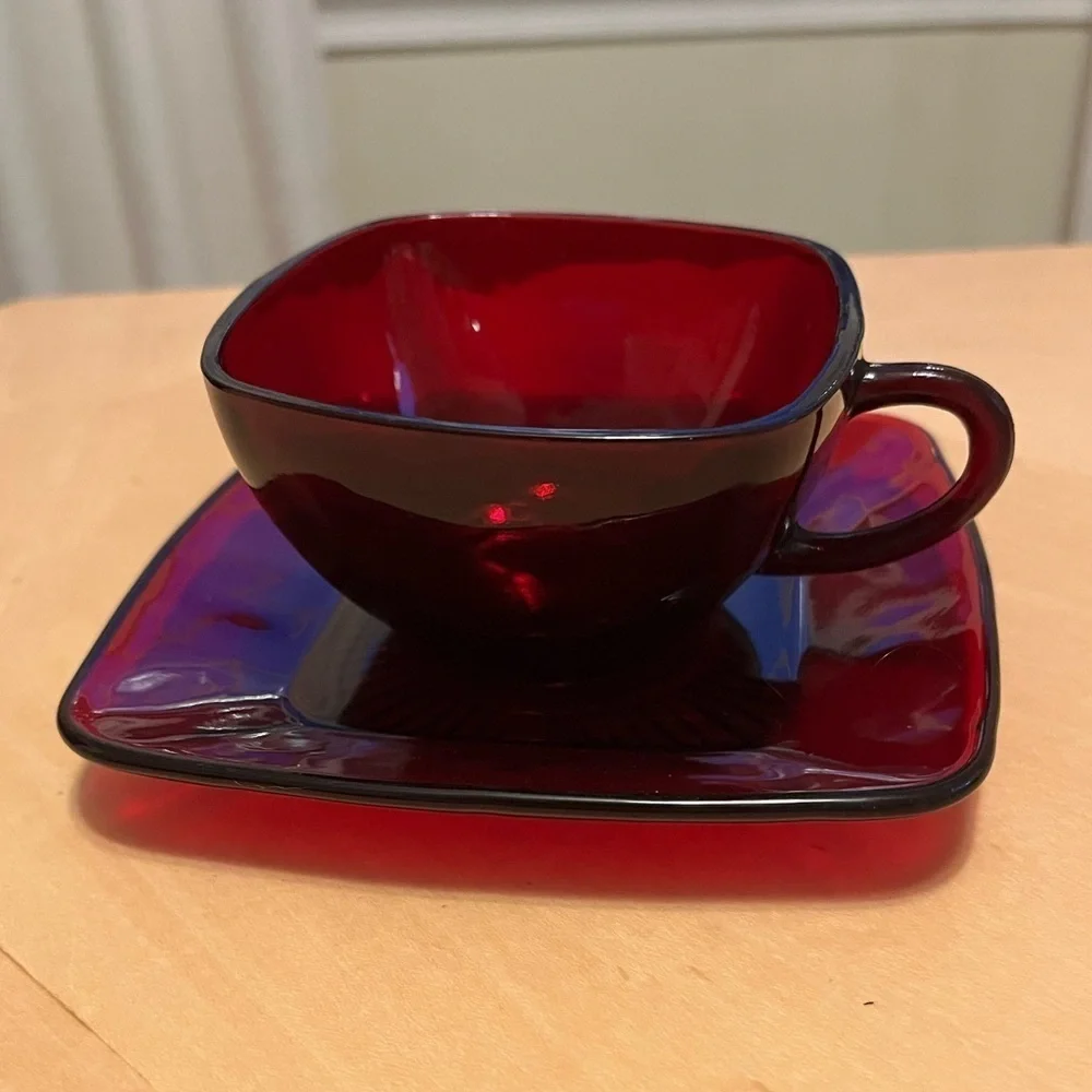 Anchor Hocking Royal Ruby Red Charm Square Tea Cup and Saucer Vintage